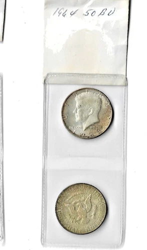 Lot Of 2, 1964 D 90% Silver Kennedy Half Dollars, BU Uncirculated Norm Oxidation