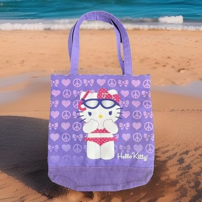 Hello Kitty Sanrio Small Tote Swim Bag Purple Mesh Peace Hippy Beach Bag Sparkle