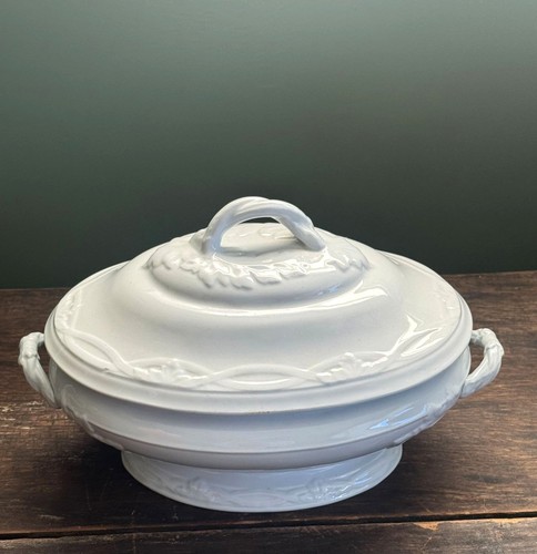 Vintage White English Ironstone Covered Tureen Server Leaf & Crossed Ribbons Des