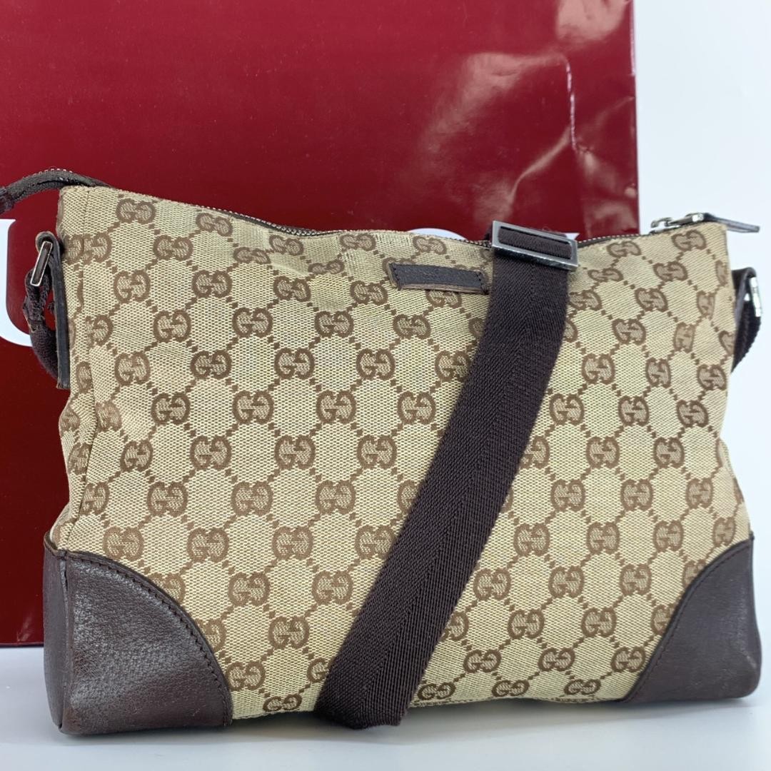 Borsa a tracolla Gucci GG Canvas 114273 in vera pelle beige marrone scuro