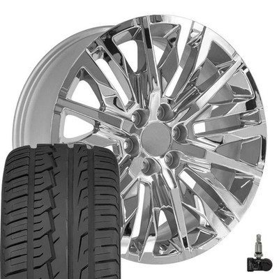22x9 Chrome 5921 Wheels, 285/45R22 A/S Tires & TPMS Set 6X139.7 +28ET