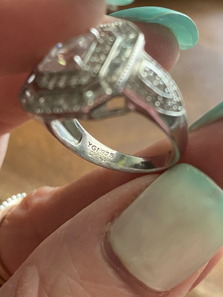 Designer Signed YGI 925 Sterling Silver Wide CZ Ring - Size Designer Signed YGI 925 Sterling Silver Wide CZ Ring - Size
