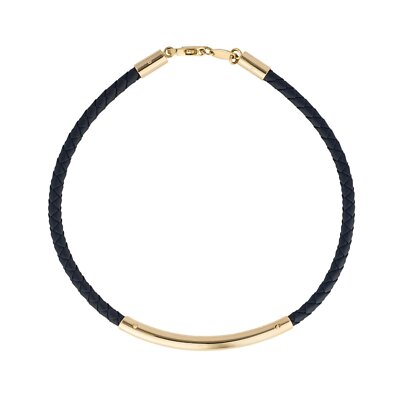 Elements 9 ct yellow gold and dark blue leather bar bracelet, 7.5'' / 19 cm
