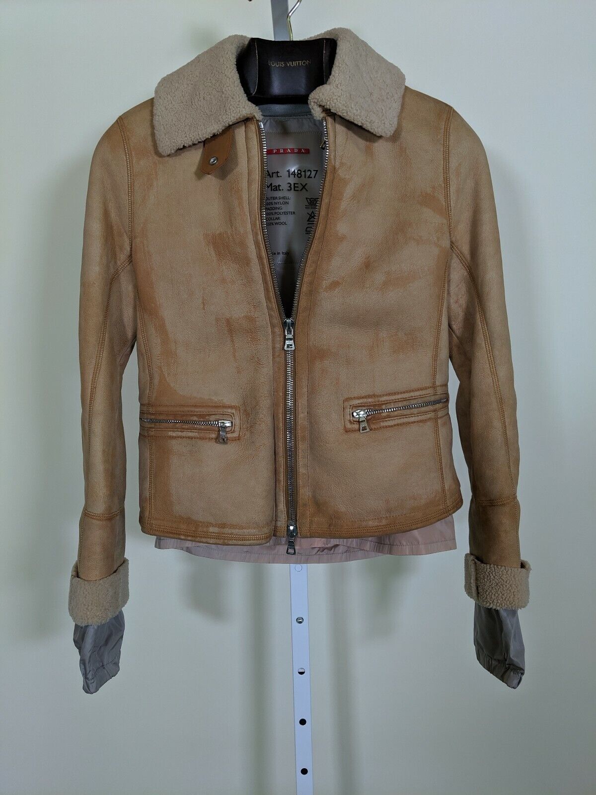 Prada Shearling Brushed Leather Jacket Padded Windbreaker Lining