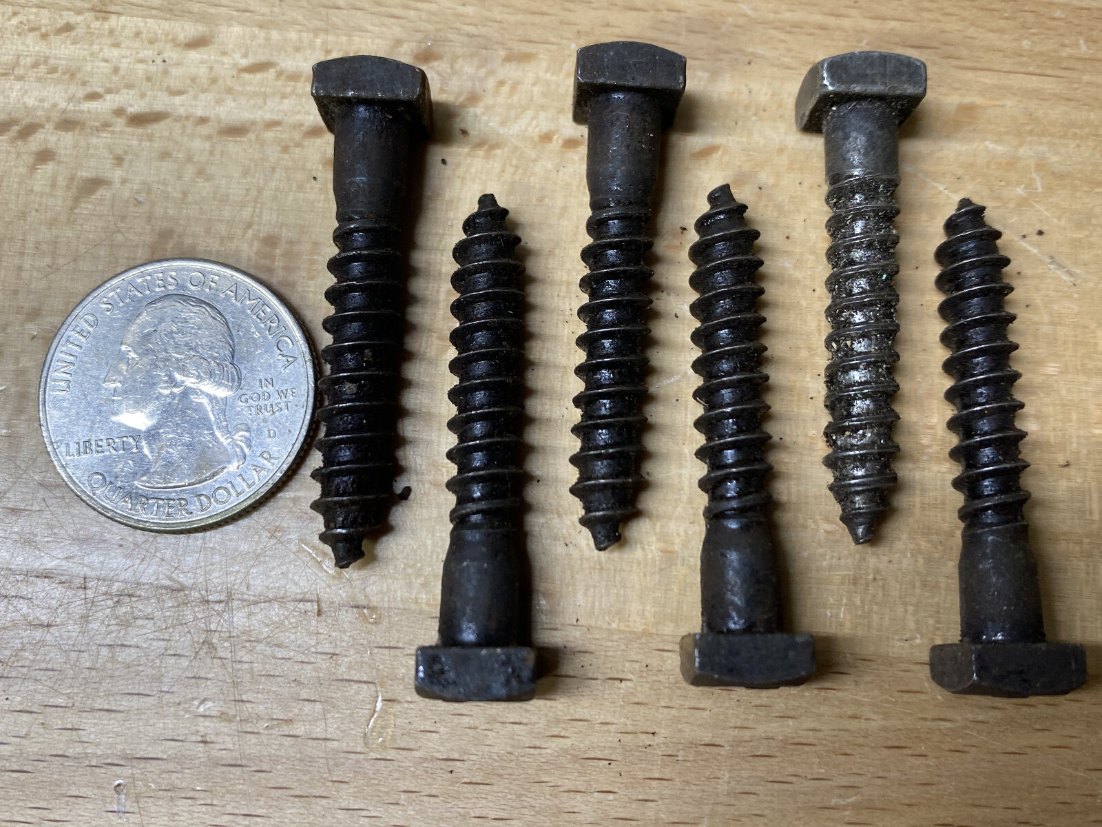 6 Reclaimed Black Square Head Lag Bolts 1/4x1-1/2 for Antique Restoration