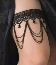 Black Lace Gater Thigh Chain With Tassle and Teardrop Pendent