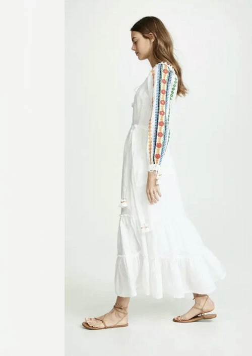 51. Abito contadino ricamato Tory Burch maxi bianco spiaggia caftano M nuovo con etichette $458