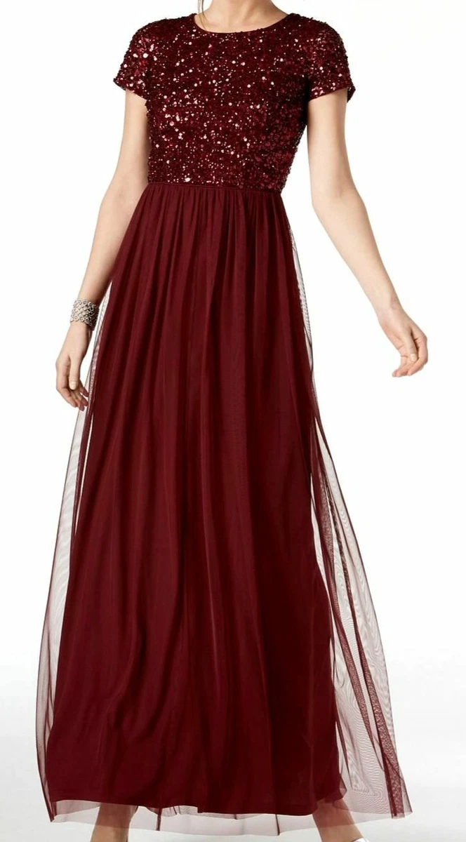 300 Adrianna Papell Women s Red Sequined Tulle A line Shift Gown Dress Size 2