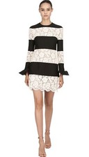 Valentino Long-Sleeve Crepe & Lace Stripe Mini Dress