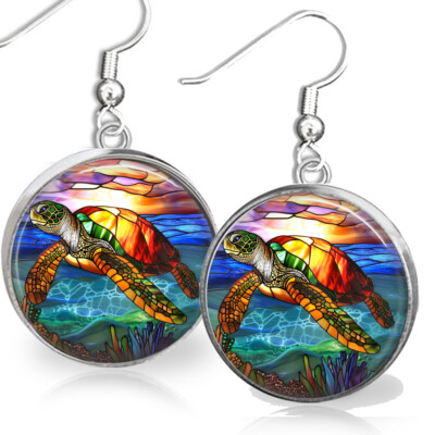 Sea Turtle Earrings Sea Life Faux Stained Glass Art Print Turtle Lovers  Gift