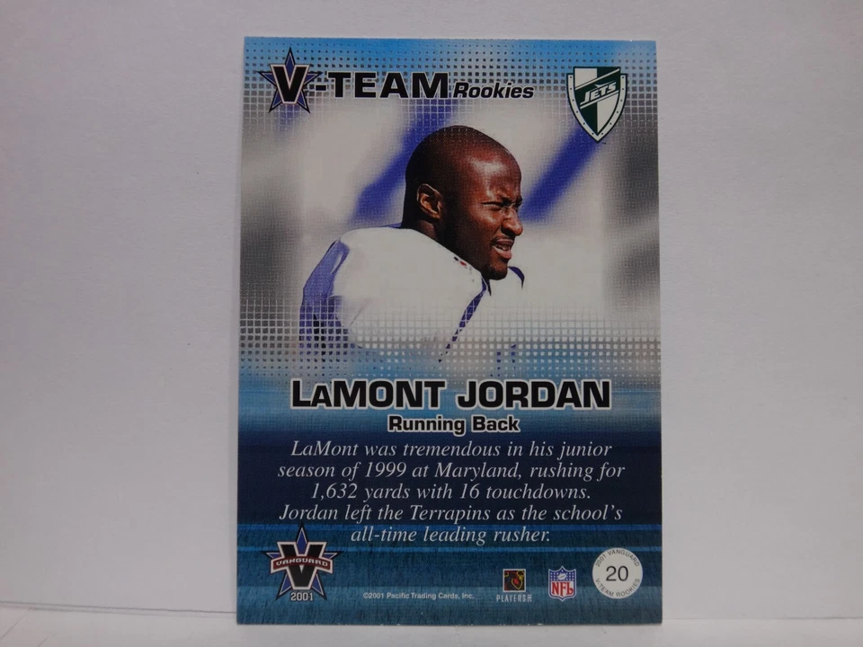 2001 Pacific Vanguard V-Team Rookies /999 LaMont Jordan #20 Rookie RC - Image 2 of 2