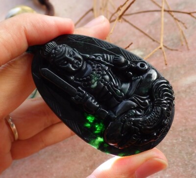 Certified Black Green Natural A Jade jadeite pendant Zhong Kui God