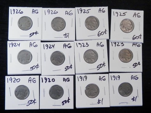 12 Circulated AG Buffalo Nickels 2 each 1919,1920,1923,1924,1925,1926