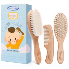 Baby Hair Brush Comb Set, Organic Wooden Hairbrush Natural Goat 3 Piece Set