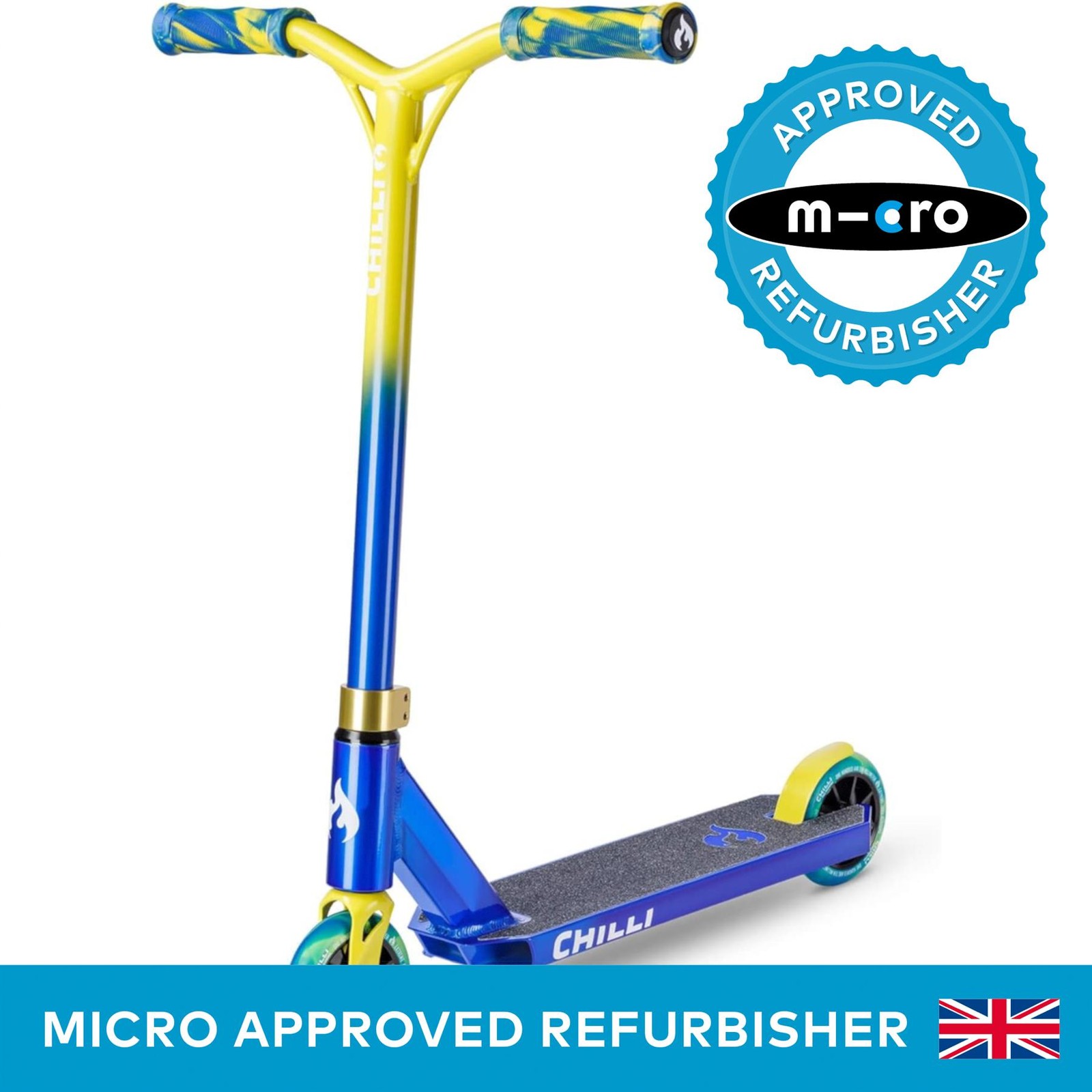 Chilli Jumpstart Small Kids Stunt Scooter CHY06SBLY110mm Wheels Blue Yellow
