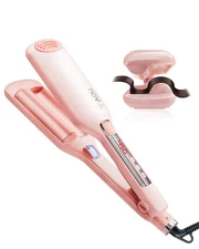 1.1 Inch Pink Beach Waves Curling Iron, 2 Barrel Hair Crimper, Ionic Ceramic