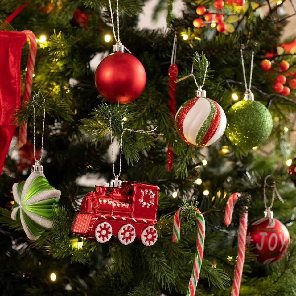 100pcs Shatterproof Christmas Ornaments Set Red, Green & White for Tree Decor - Image 2 of 4