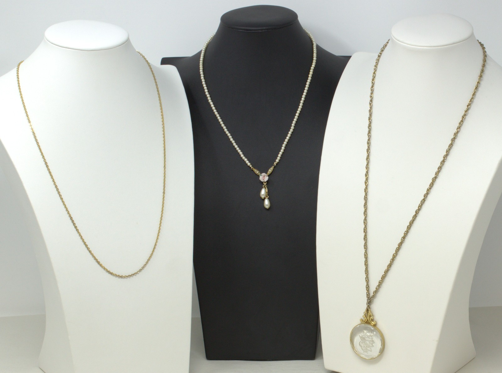 1928 Brand Necklaces Lot of 3 - Rose, Pearl, Glass, & Chain in Gold Tone
