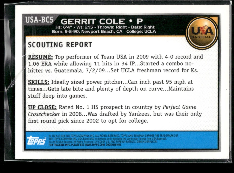 2010 Bowman Chrome #USA-BC5 Gerrit Cole - Image 2 of 2
