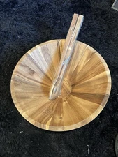 Large Wood Serving Salad Bowl Set 16” with Fork & Spoon Starburst NEW Retro Deco