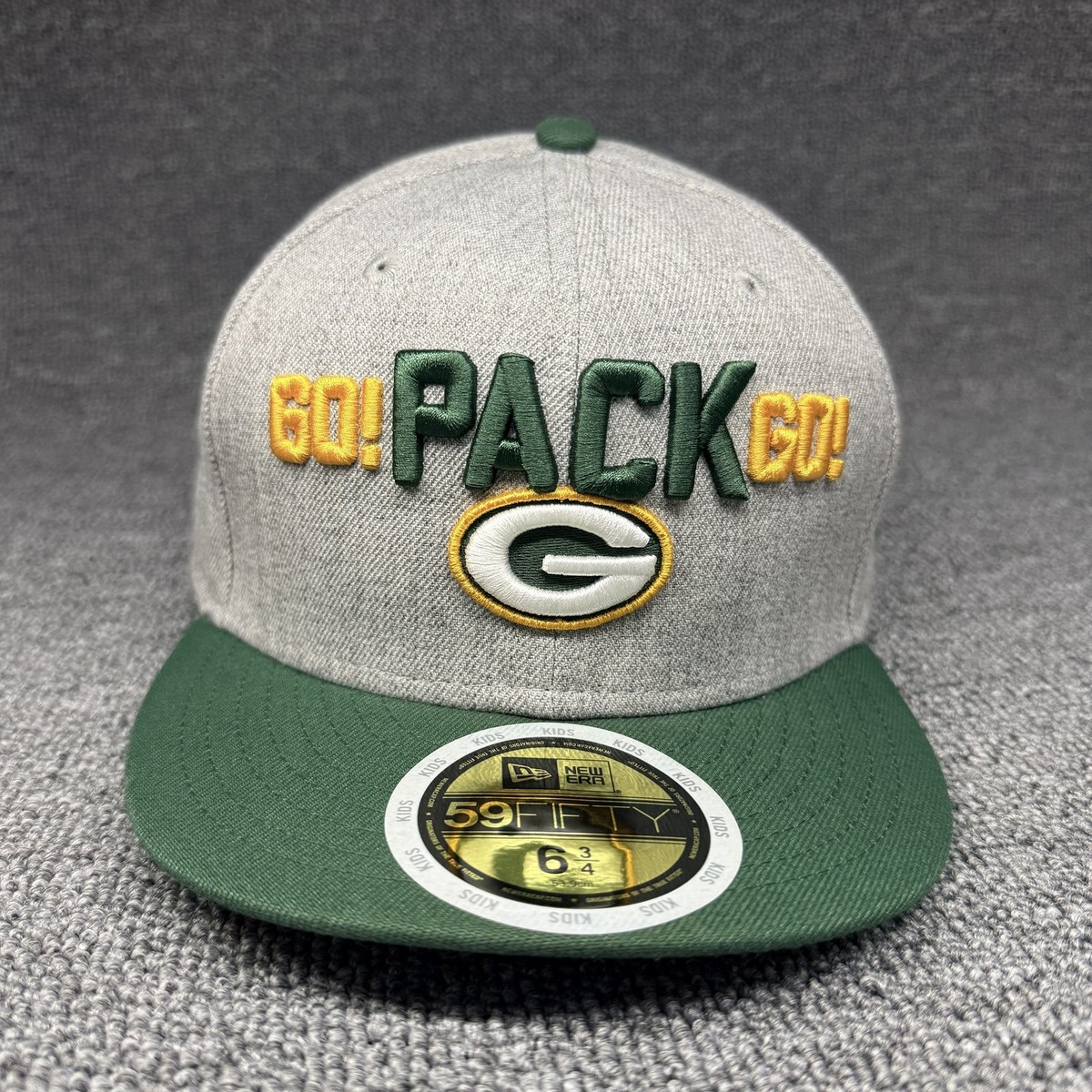 New Era 59FIFTY Green Bay Packers Kids Hat 6 3/4 Gray Green Go Pack Go Fitted