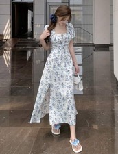 White/Blue Floral Chiffon Maxi Dress Square Neck Puff Sleeve Slit Bow Tie S