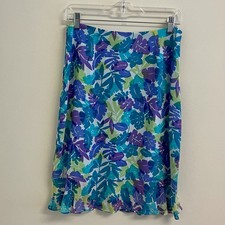 Silk Skirt Multi Floral Ruffle Knee Length Lined Sz 8 Easter