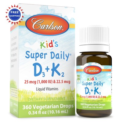 Carlson Kids Super Daily D3 K2 Vitamin D3 1000 IU Vitamin K2 Liquid Vitamins