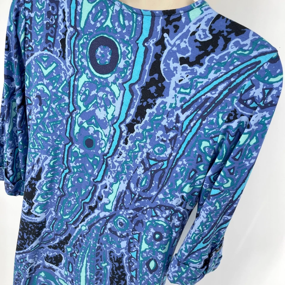 Tori Richard 3/4 Sleeve V-Neck Dress Sz S Blue Green Abstract Floral Soft Jersey - Image 4 of 4