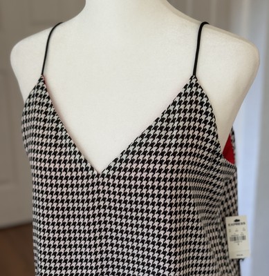 NEW $44 Express S Red Houndstooth Plaid Crepe Reversible Cami Tank Xmas Dressy
