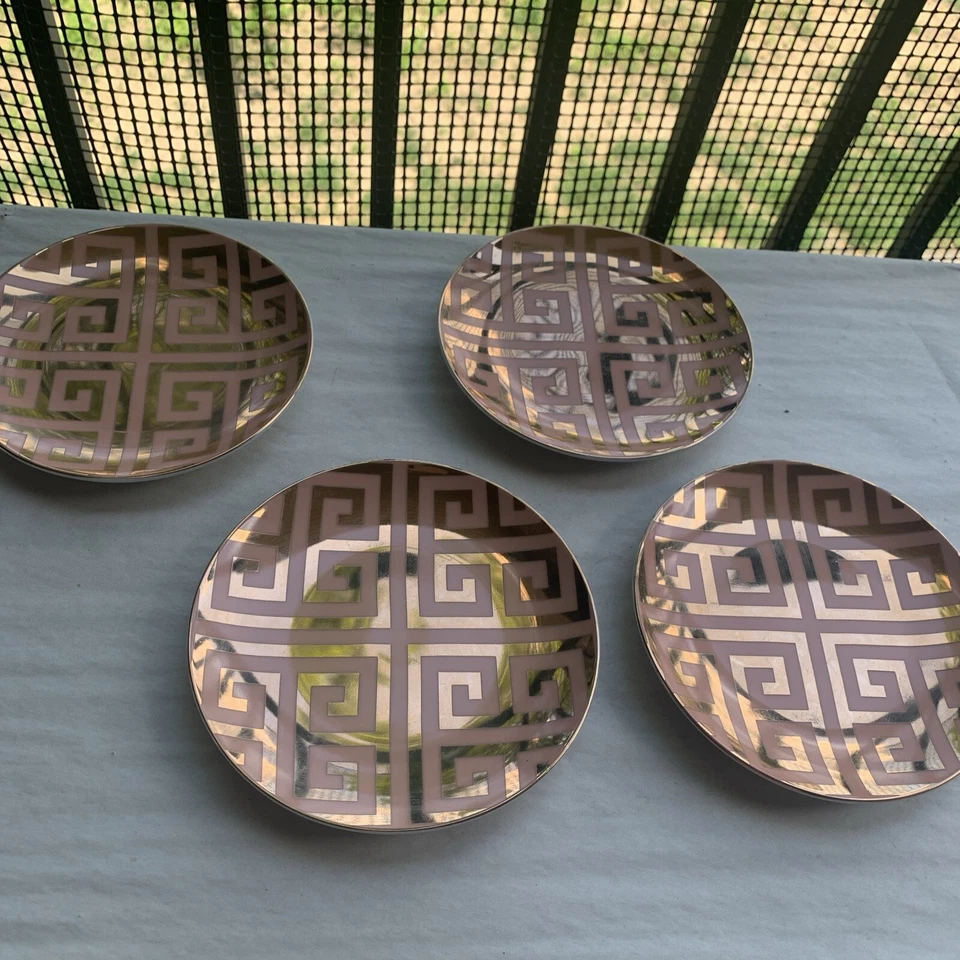 Juego de 4 platos de postre clave griega Rosanna Imports dorado melocotón/salmón Seattle WA Foto 2 de 4