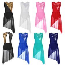 Girls Sequins Lyrical Dance Dress Mesh Splice Ballet Modern Dancewear Costume