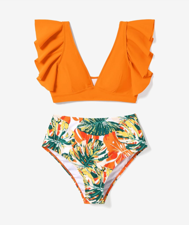 PatPat Ruffled Sleeve Piece Tropical Plant Printed Bathing Suit