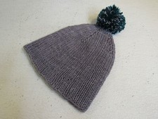 Handcrafted Beanie Gray Teal Pom Pom 100% Merino Female Adult