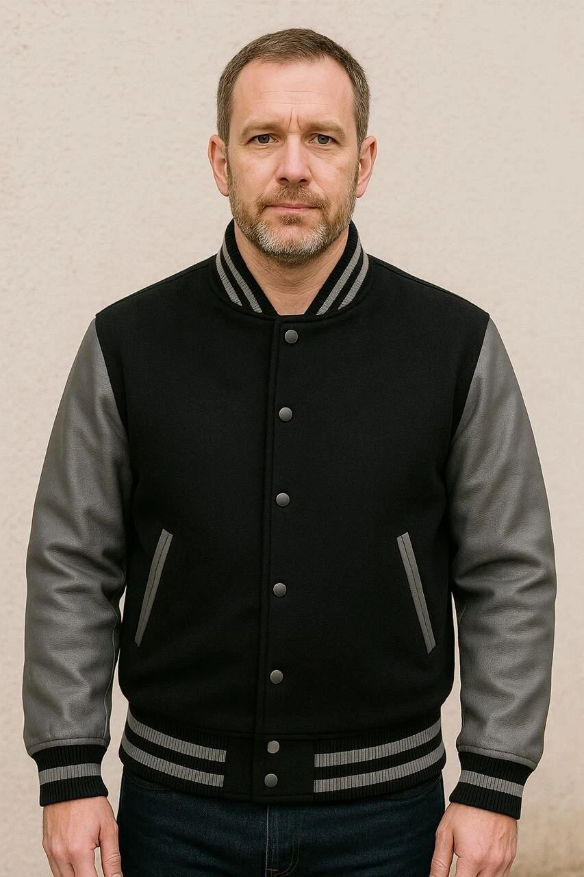 Men’s Varsity Letterman Baseball Bomber jacket with Black Wool & Leather Sleeves