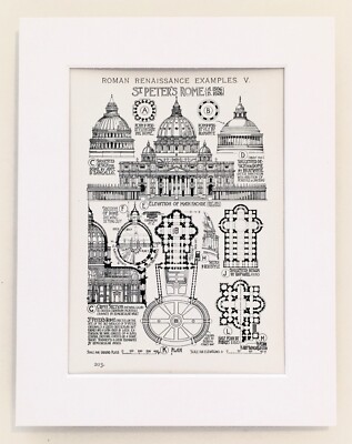 ST PETERS CATHEDRAL ROME ARCHITEKTUR Druck - 1905 montiert antike s/w Lithographie