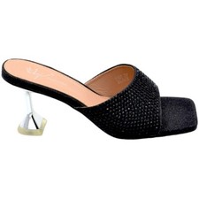Sandali nero donna mule aperti dietro unica fascetta brillantini tacco martini l