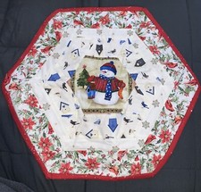 Quilted Christmas Table Topper Hexagon Shaped 18"x 16  Snowman Cardinal Birds