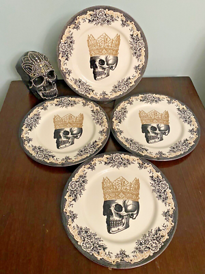  Stafford スケルトンデザイン皿　ハロウィン 4 Royal Stafford Skull King Crown Dinner Plates Set Skeleton