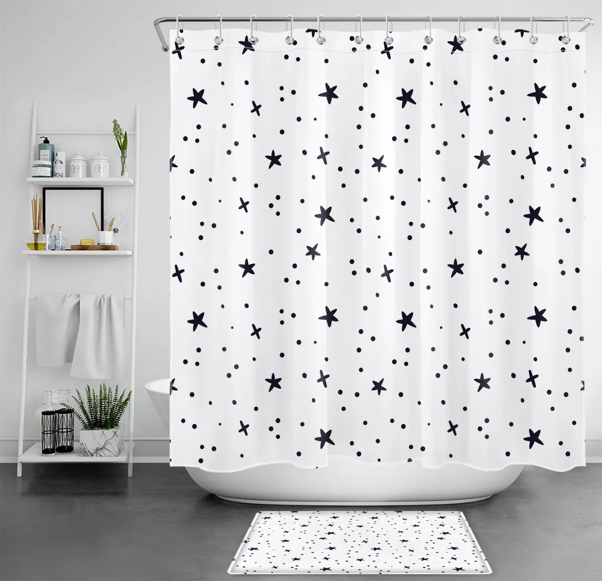 Modern Minimalist Art Black White Star Shower Curtain Bathroom Accessories  Set