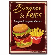 Burgers and Fries Artwork Printed on Metal Sign Waterproof