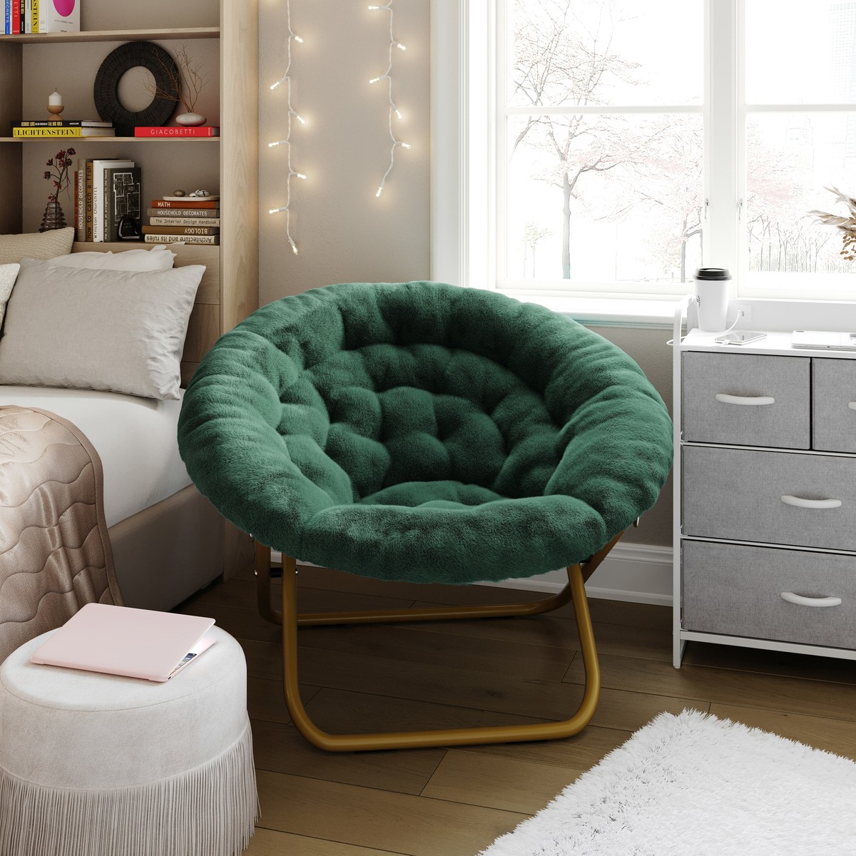 Ersa Oversize Faux Fur Folding Saucer Moon Chair for Dorm and Bedroom, 