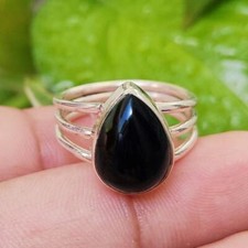 Black Onyx Pear Shaped 925 Sterling Silver Handmade Women Ring Genuine Jewelry