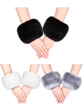 Faux Fur Wrist Cuffs Winter Furry Bands Wrist Arm Leg Warmer, 3 Pairs