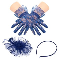 Fascinators Hat Clip Set with Hair Clip and Short Floral Lace Gloves Navy Blue