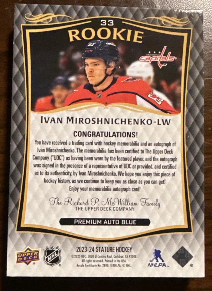 2023-24 UD Stature Ivan Miroshnichenko RC Patch Auto Premium Blue /10 Capitals - Image 2 of 2