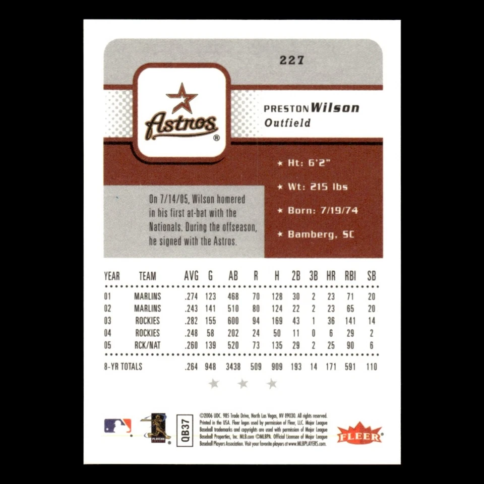 Preston Wilson #227 2006 Fleer Houston Astros Baseball Card MLB NM - Image 2 of 3
