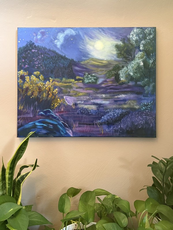 Original Landscape Oil Painting Moon Night Sky Cosmic Surrealist Canvas 16x20”