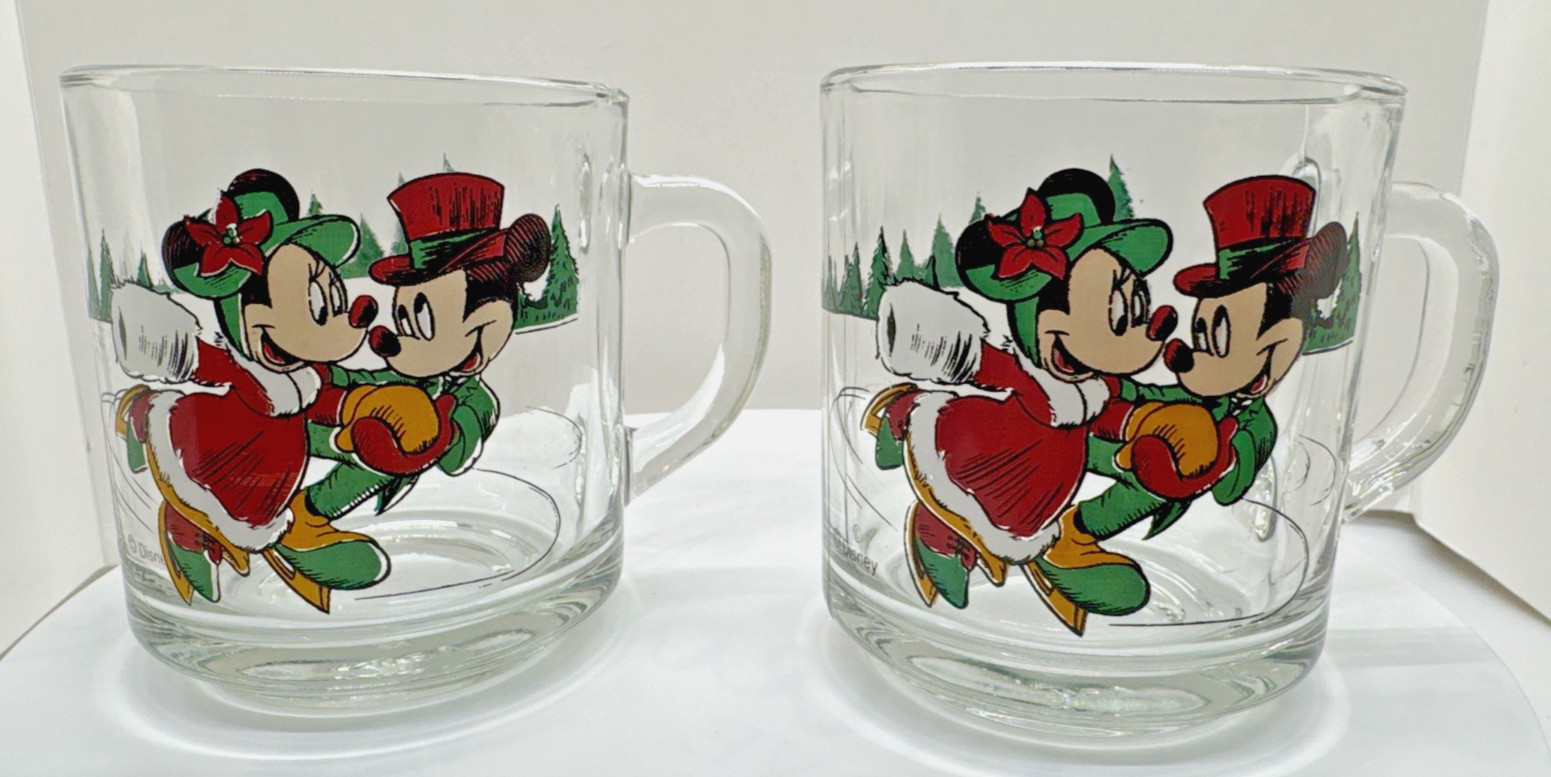 Set of 2 Vintage Disney Mickey & Minnie Ice Skating Glass Mugs Anchor Hocking