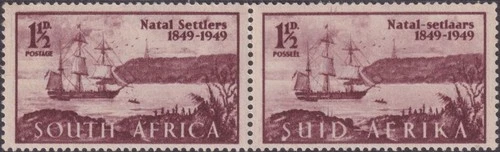 South Africa 1949 1½d Natal Settlers Pair with Spot on S of SUID
